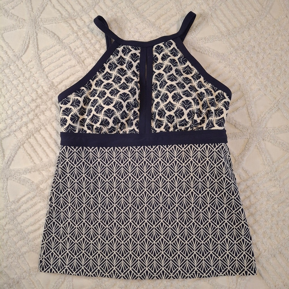 Lands' End Womens 8 Tankini Top Navy Blue White Geometric High Neck Keyhole
